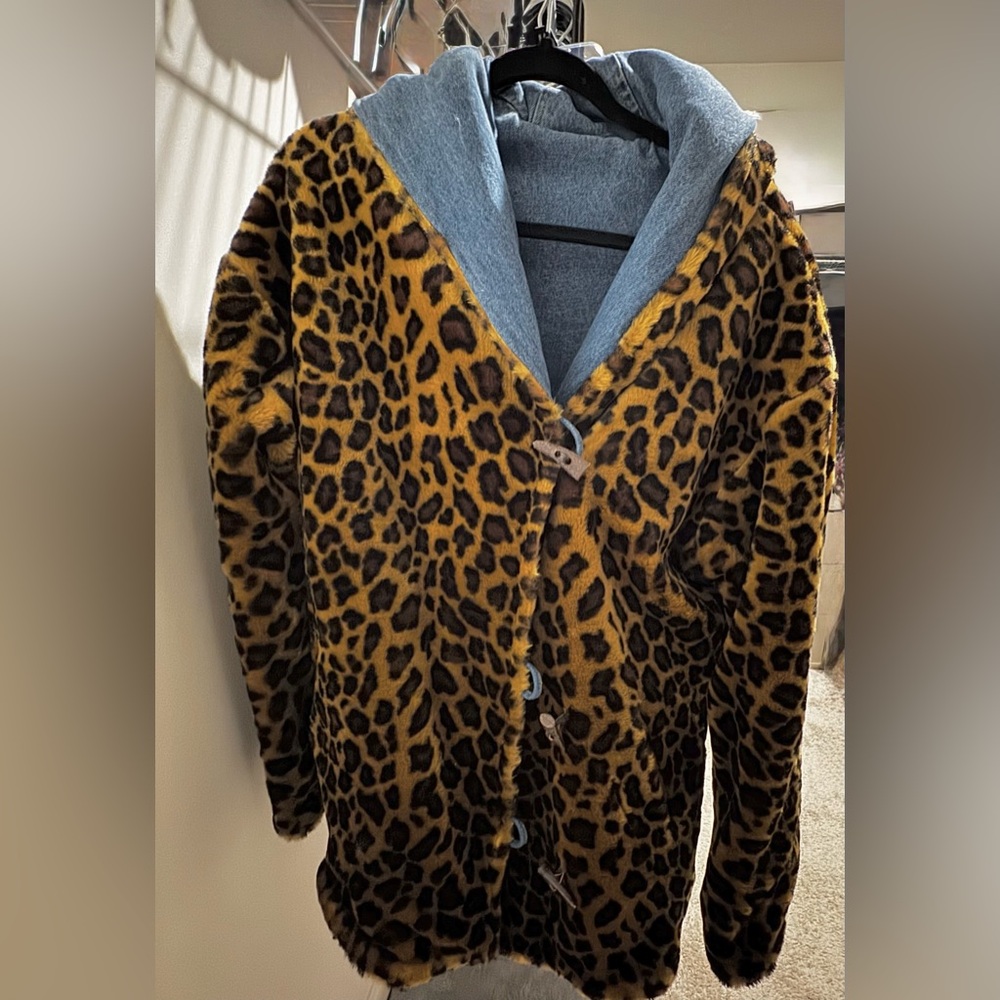 Anthropologie Leopard Print Teddy Jacket with Gray Hood